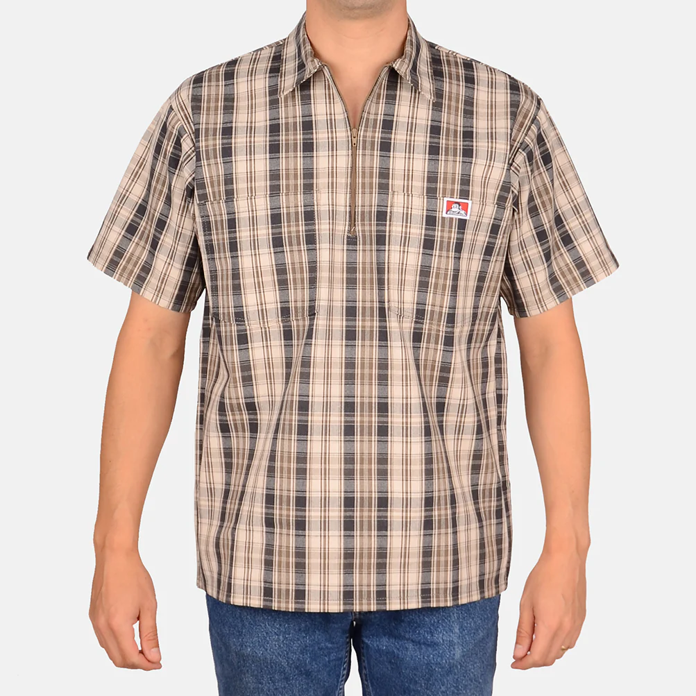Short Sleeve Plaid 1/2 Zip Shirt - Khaki/Grey